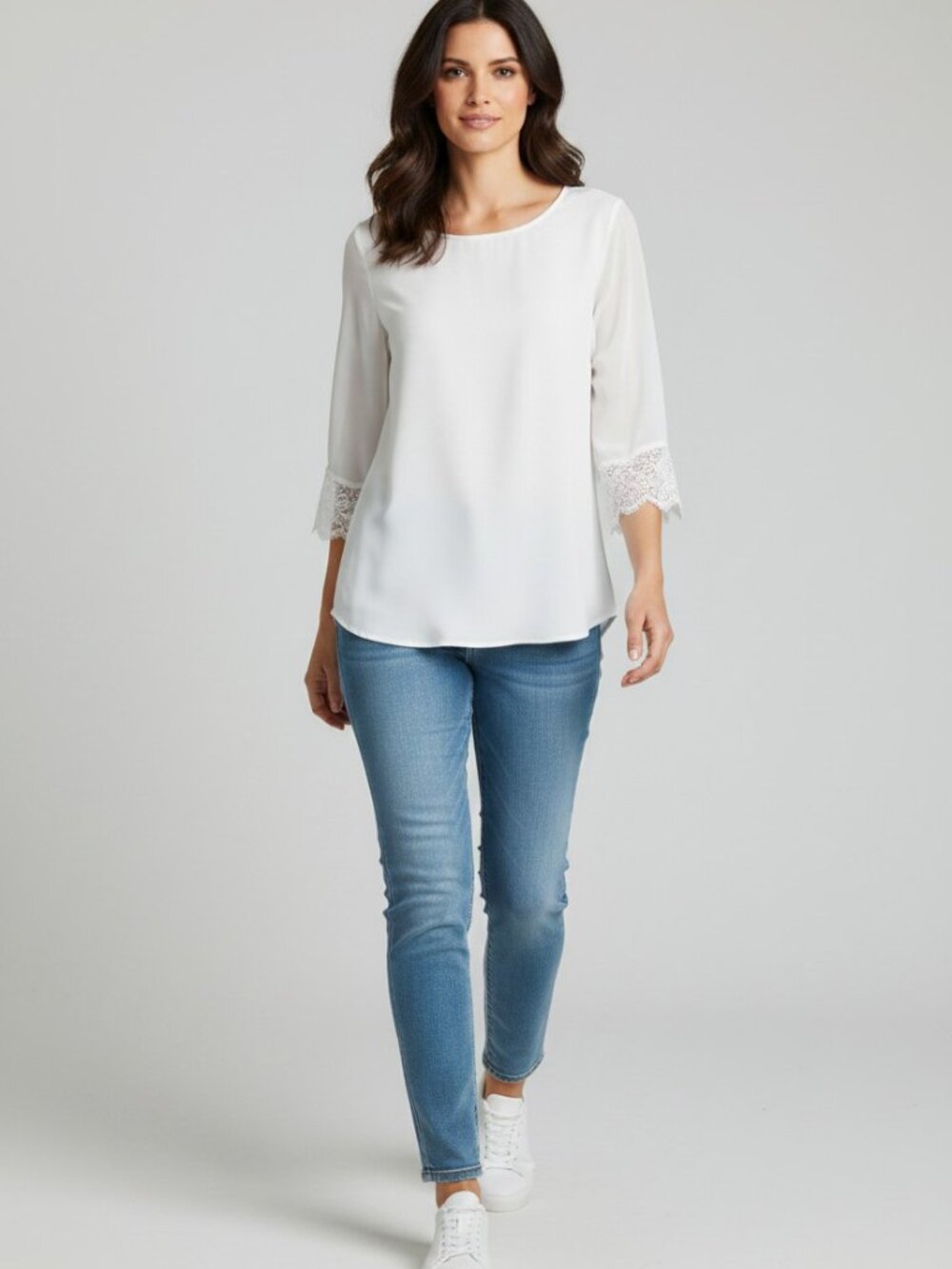 Susan Graver Liquid Knit Lace Sleeve Tunic Top White Medium Elegant EUC